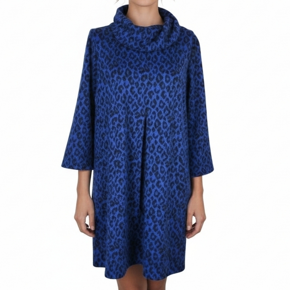 Tyler Boe Kim Shift Dress Size L Blue Cheetah Cowl Neck Pullover 3/4 Sleeve